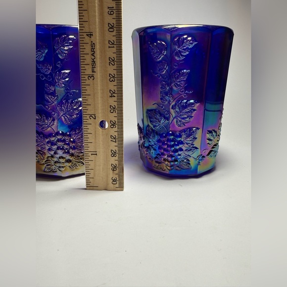 VTG Cobalt Blue Carnival Glass Grape Tumblers Set of 2 Iridescent Pressed Glass - Picture 4 of 5